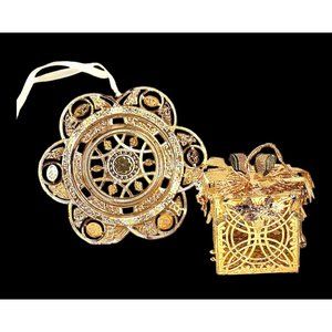 Two Baldwin Brass Ornaments - Victorian Gift Box and Val D'or Ice Flower 24Kt